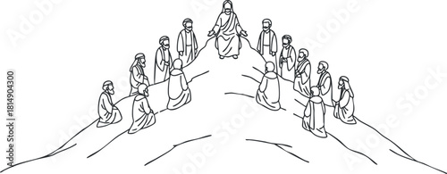 Line art vector illustration of Jesus teaching his disciples on a mountain, symbolizing faith and spirituality.