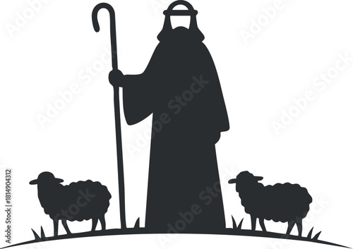 Silhouette vector illustration of a shepherd with two sheep, suitable for pastoral themes and religious contexts