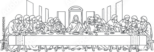 Line art vector illustration of the Last Supper featuring Jesus and his disciples, ideal for religious and artistic projects.