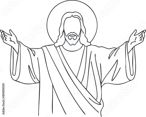 Minimalist line art vector illustration of Jesus Christ with outstretched arms, symbolizing welcome and blessing for religious and spiritual contexts
