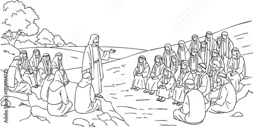 Black and white vector illustration of Jesus teaching a crowd in an outdoor setting, ideal for religious education and storytelling