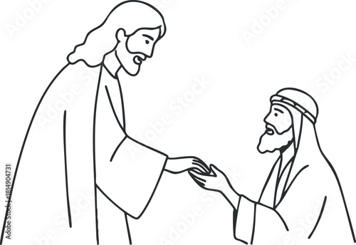 Line art illustration of Jesus interacting with a disciple, representing faith, spirituality, and divine connection.