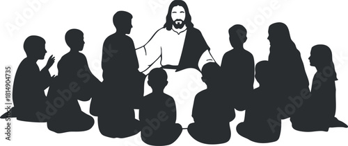 Silhouette vector illustration of Jesus teaching a group of disciples, ideal for religious and educational themes.