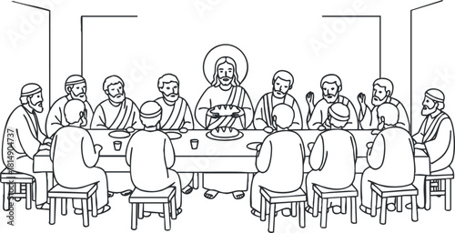 Line art illustration of the Last Supper featuring Jesus and his disciples, ideal for religious and educational contexts