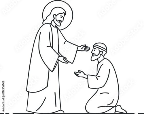 Line art illustration depicting Jesus reaching out to a kneeling figure, symbolizing grace and compassion in spiritual contexts