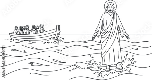 Line art illustration of Jesus walking on water towards a boat with disciples, depicting a biblical miracle for religious themes