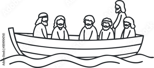 Line art vector illustration of a group of people in a boat on the water, ideal for outdoor adventure and leisure themes