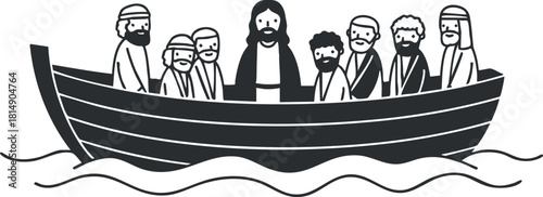 Minimalist black and white vector illustration of Jesus with his disciples in a boat on water, ideal for religious themes and storytelling