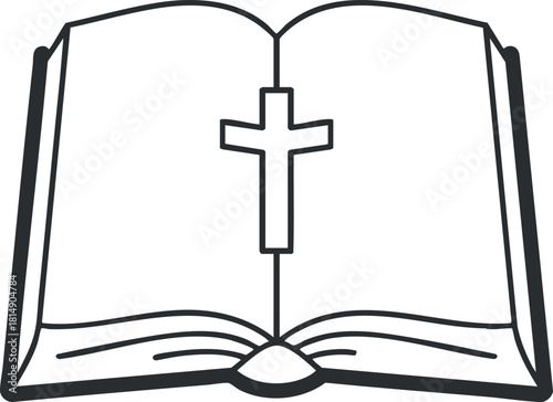 Outline vector illustration of an open Bible with a cross symbol, ideal for religious and spiritual design projects