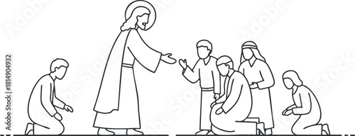 Minimalist line art illustration of Jesus interacting with followers in a spiritual and religious context for faith-based projects