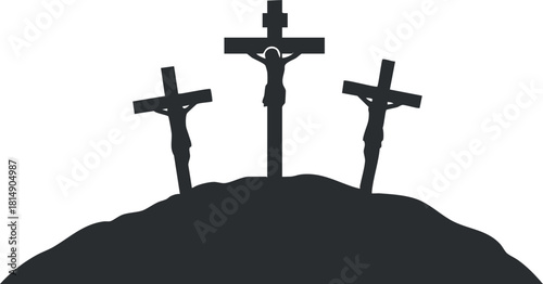 Silhouette vector illustration of three crosses on a hill, symbolizing the crucifixion for religious and spiritual contexts.