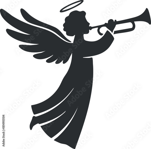 Silhouette vector illustration of an angel playing a trumpet, featuring graceful wings and a heavenly theme for religious and musical contexts