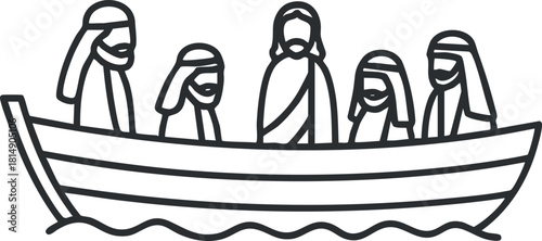 Minimalist line art vector illustration of people in a boat, representing a religious and spiritual theme for storytelling and design projects
