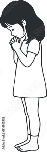 Outline vector illustration of a young girl praying, expressing innocence and spirituality for educational or religious contexts