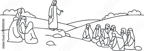Outline vector illustration depicting Jesus teaching a crowd of followers in a serene outdoor setting
