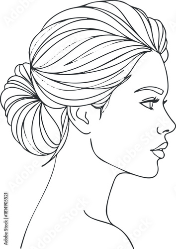 Elegant line art illustration of a woman’s profile with a stylish updo hairstyle, perfect for beauty and fashion design projects