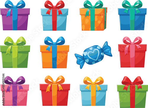 Colorful gift boxes with ribbons, festive presents collection, holiday celebration packages, birthday surprise elements, cartoon style decorative wrapped gifts and candy