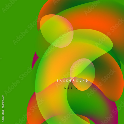 Abstract vibrant shapes overlap, creating dynamic colorful composition. Green background enhances visual impact. Modern design element.