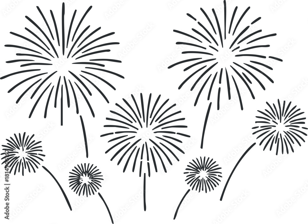 Fototapeta premium Outline vector illustration of fireworks for celebration events, holiday decorations, and festive designs