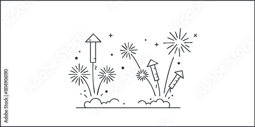Minimalist outline vector illustration of fireworks and firecrackers for celebration and festive design projects
