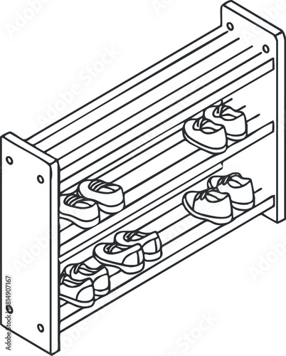 Outline vector illustration of a shoe rack with multiple shelves showcasing sneakers, ideal for home organization and interior design.