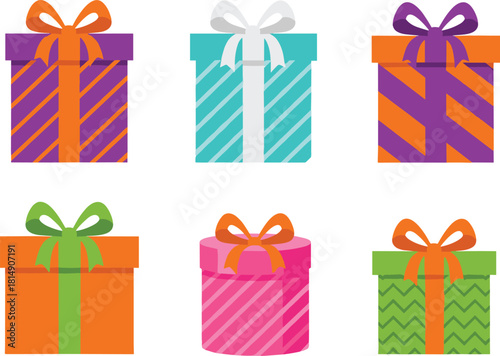 Colorful gift box collection with ribbons, festive present illustrations, decorative wrapped packages, celebration elements for holidays, birthdays, and special occasions