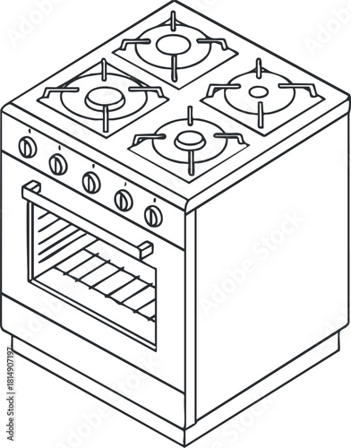 Outline vector illustration of a modern gas stove with four burners and an oven, suitable for kitchen design projects