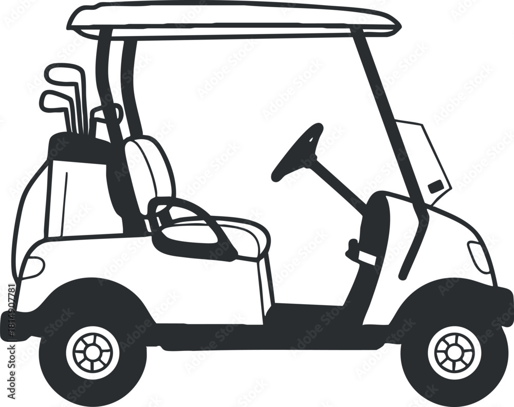 Fototapeta premium Outline vector illustration of a golf cart featuring golf clubs, ideal for sports and recreation-themed projects