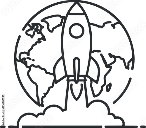 Outline vector illustration of a rocket launching from Earth, symbolizing exploration and innovation in technology.