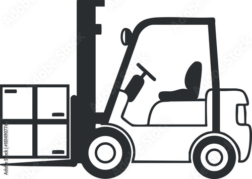 Minimalist black and white vector illustration of a forklift vehicle for logistics and industrial design projects