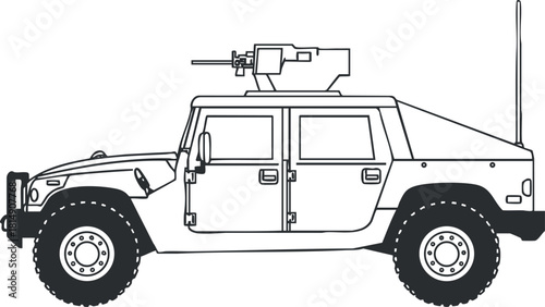 Outline vector illustration of a military armored vehicle featuring a turret for defense and security purposes