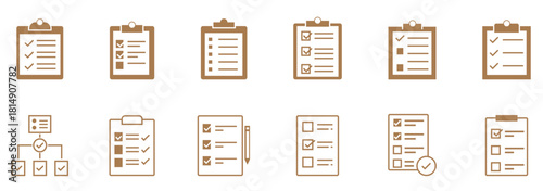 Task Setting Multi Style Icon Sheet Vector Design - clipboard with checklist and gear, representing task planning and process execution