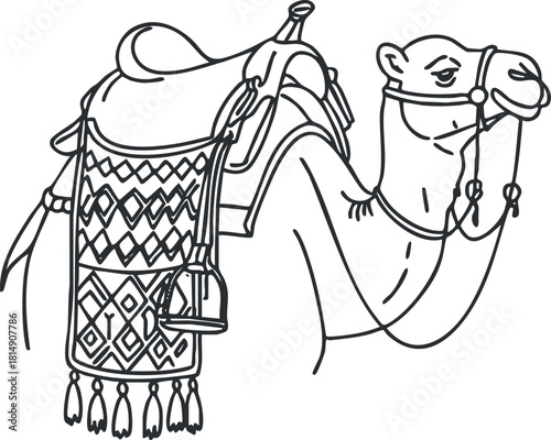 Outline vector illustration of a camel with decorative saddle, ideal for travel and adventure-themed design projects