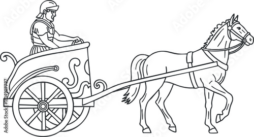 Outline vector illustration of a chariot and horse with a rider, suitable for historical and educational themes.
