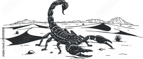 Stylized black and white vector illustration of a scorpion in a desert landscape for wildlife and nature themes