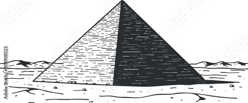 Detailed black and white vector illustration of a pyramid in a desert landscape, suitable for educational and cultural projects
