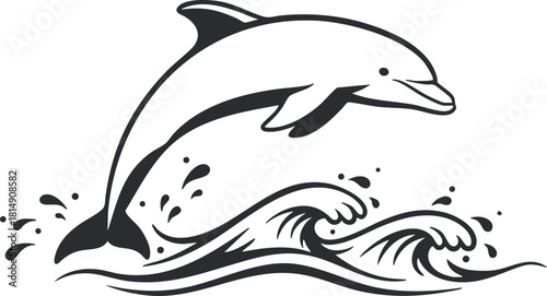 Stylized black and white vector illustration of a jumping dolphin over waves, perfect for marine-themed designs and branding
