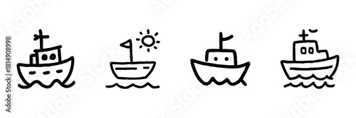 Boat And Ship Line Icon Set In Doodle Style. Nautical Transportation And Maritime Travel Outline Sketch Collection. Hand Drawn Isolated Vector Illustration
