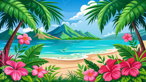 Very beautiful tropical beach scene framed with vibrant pink hibiscus flowers and lush green palm fronds, creating a refreshing and inviting natural border around a bright coastal landscape.