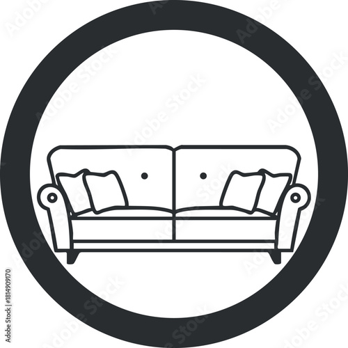 Minimalist black and white vector illustration of a sofa with cushions in a circular frame for home decor projects