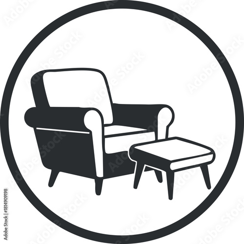 Minimalist black and white vector illustration of a comfortable armchair with an ottoman for home decor and interior design
