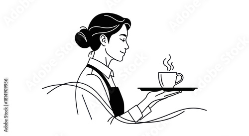 Elegant Waitress Serving Hot Coffee with Graceful Precision.