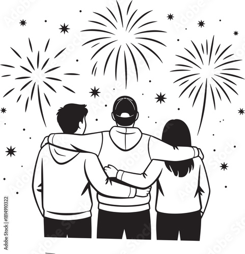 Rear View of Three Friends Looking at Fireworks Vector Celebration Graphic