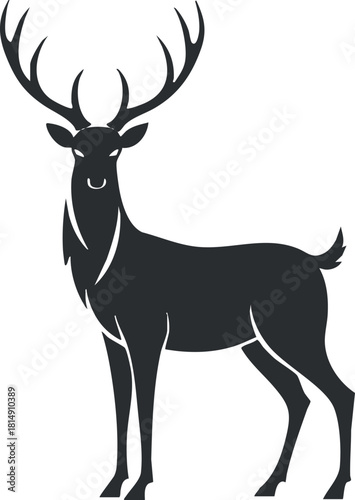 Stylized black silhouette vector illustration of a deer with antlers for wildlife and nature design projects