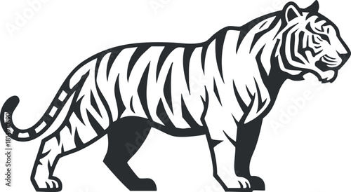 Stylized black and white vector illustration of a tiger, perfect for wildlife-themed designs and branding projects