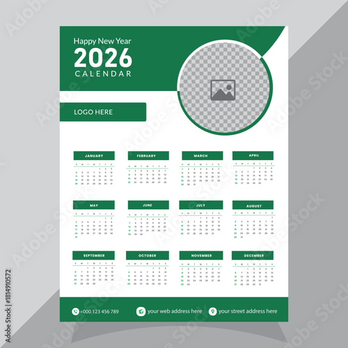 Clean and modern 2026 wall calendar design with green accents and space for a photo perfect for business or personal use and organization