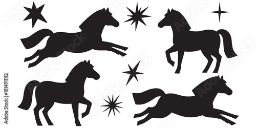 Horse silhouettes with stars black and white vector illustration