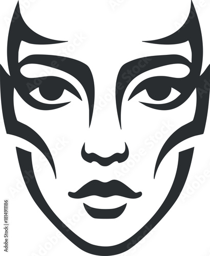 Stylized black and white vector illustration of a facial mask design for artistic and cultural projects