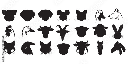 Silhouette collection of farm and wild animal heads vector