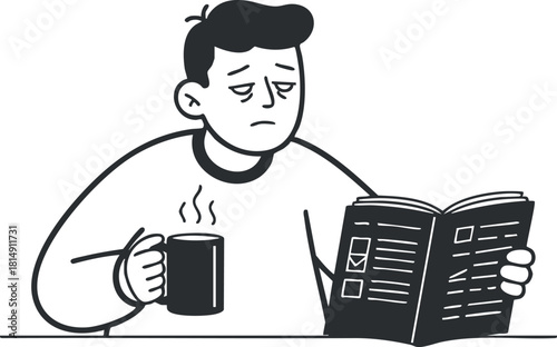 Minimalist black and white vector illustration of a man sitting with a coffee cup while reading a newspaper, conveying a thoughtful mood.